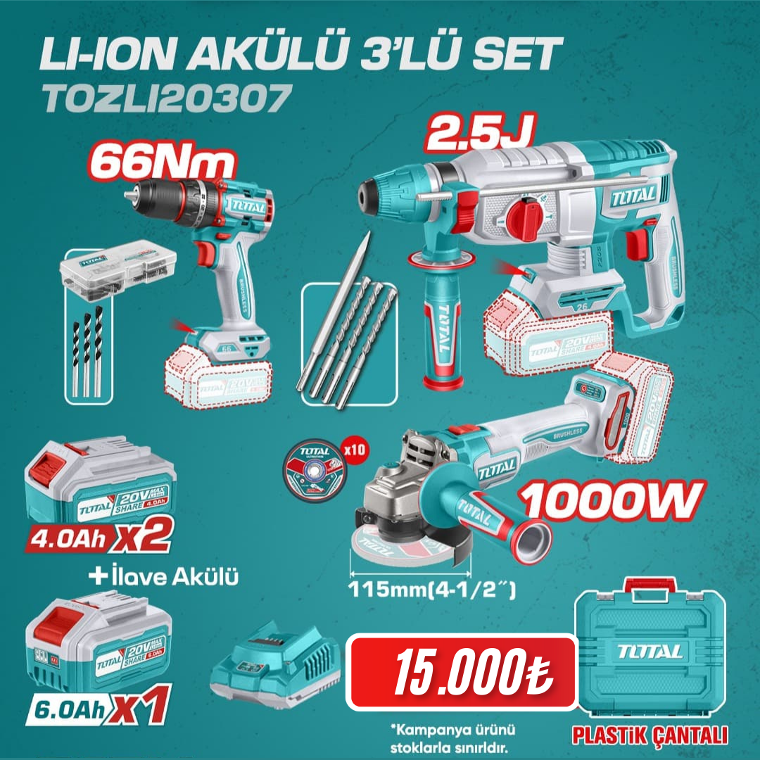 TOTAL PROFESYONEL 3'LÜ SET ( DARBELİ MATKAP, HİLTİ, SPRAL )