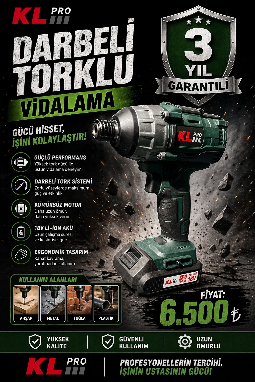 KLPRO KÖMÜRSÜZ AKÜLÜ TORKLU DARBELİ MATKAP 180NM